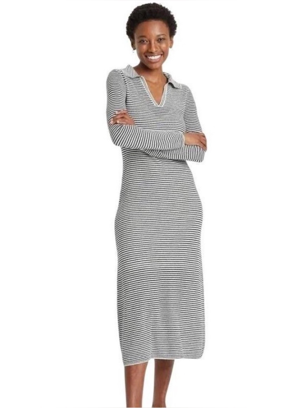 a new day Black & White Striped Long-Sleeve Collared Midi Dress